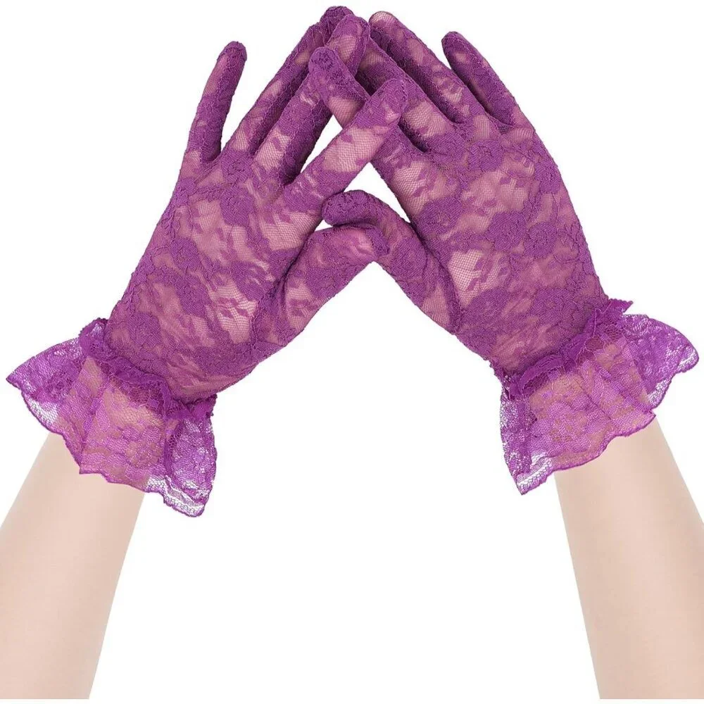 Women's Purple Short Nylon Mesh Imported Nylon Sheer Lace Ruffles Gloves